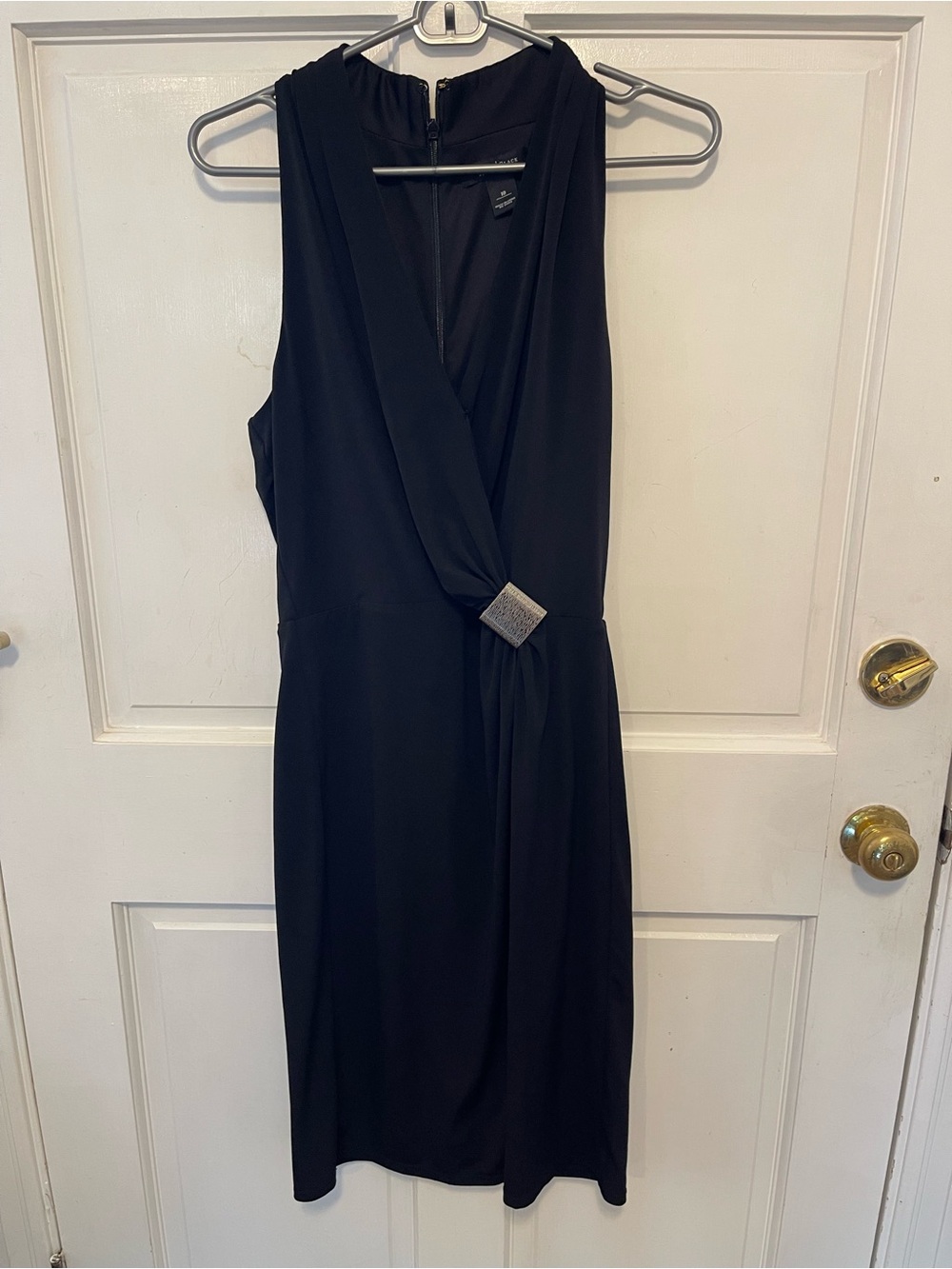 White House Black Market Black Sleeveless V-Neck Midi Dress with Buckle Detail